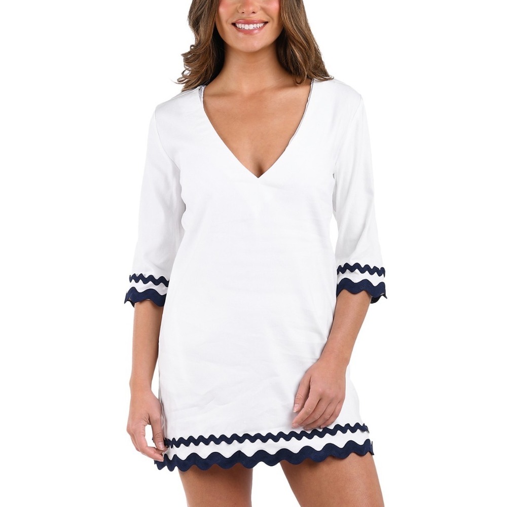 LA BLANCA Poolside V Neck‎ Tunic Dress White Navy Trim Size Medium
